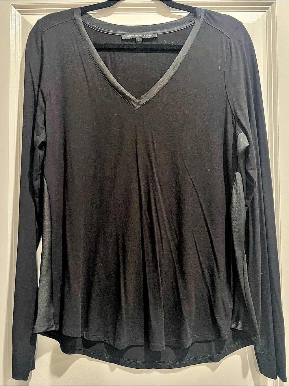 White House Black Market V-Neck Long Sleeve Top with Satin Trim